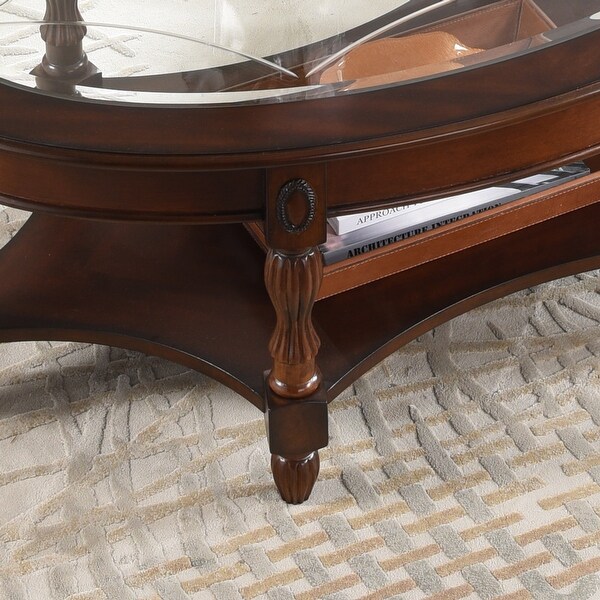 Vintage Solid Wood Oval Coffee Table with Tempered Glass Top and