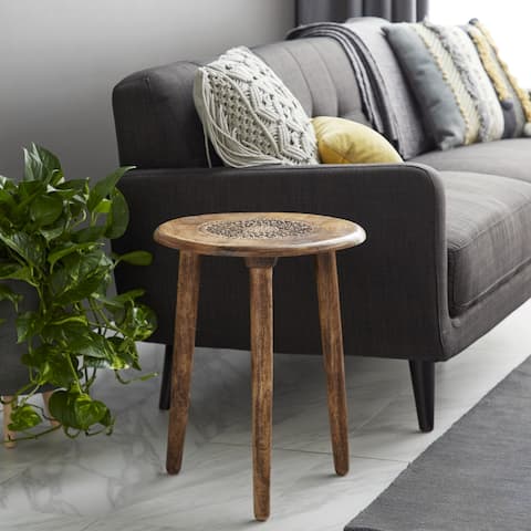Wood Handmade Intricately Carved Floral Accent Table with 3 Slender Legs