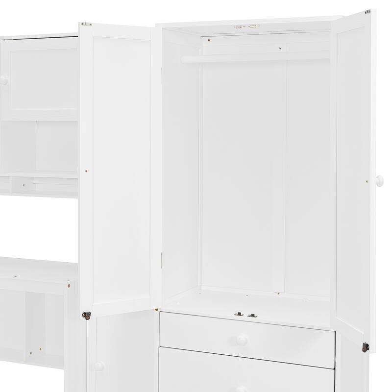Roomfitters Wooden Twin Size Platform Bed with Integrated Desk, Wardrobe, and Multi-Level Storage Cabinets, LED Lighting