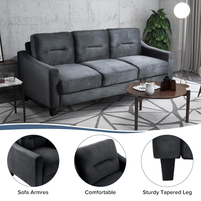 Black 76.7" Velvet 3-seater Sofa with Sturdy Hardwood Frame and Highly Elastic Foam for Living Room
