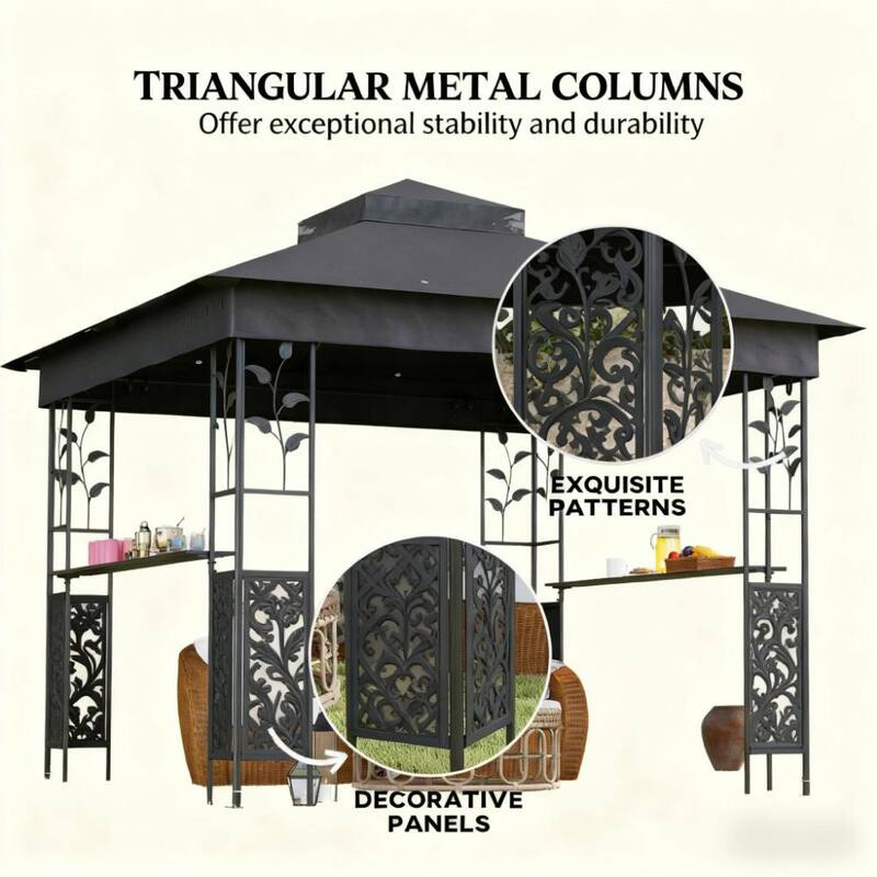 GDFStudio - 9.7'x9.7' Double Roof Patio Gazebo with Bar Shelf & Netting