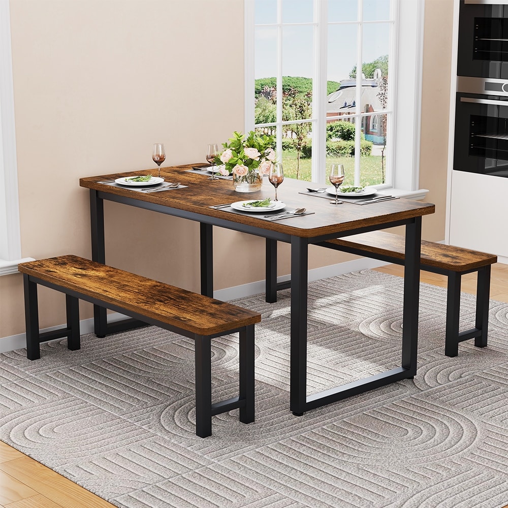Farmhouse Dining Table Set with 2 Benches, 3-PieceTable Set