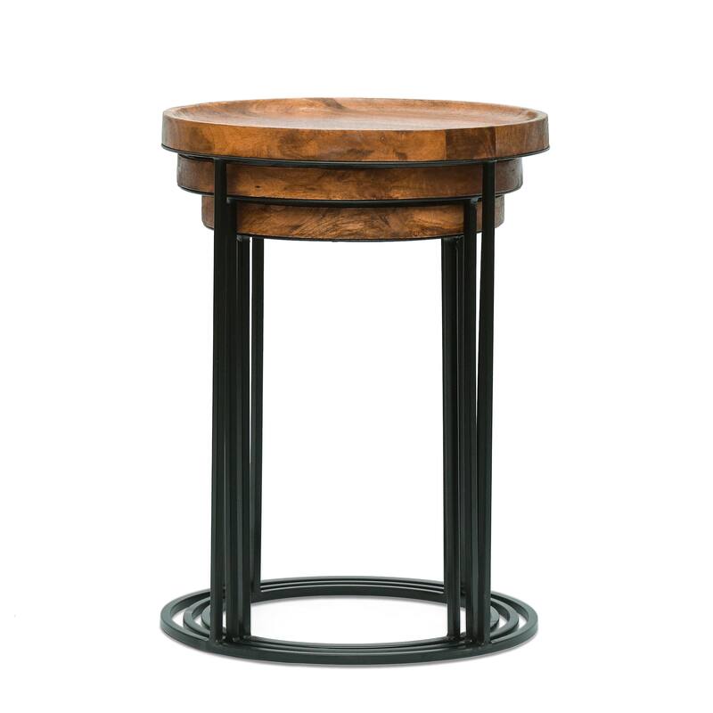 Roomfitters Industrial Nesting Side Tables, Solid Mango Wood Tops, Black Iron Base, Set of 3, Rustic and Modern Style