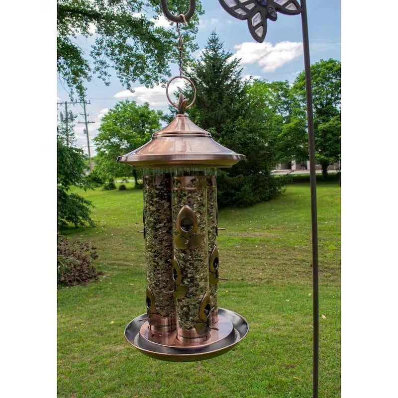 Copper Metal-Port Wild Bird Feeder 10lbs Capacity with Perches - Height: 24.6 inches