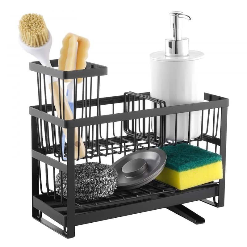 Black Double-Layer Kitchen Sink Caddy with Rotating Drain and Organizer - 9.37" x 4.02" x 5.71"