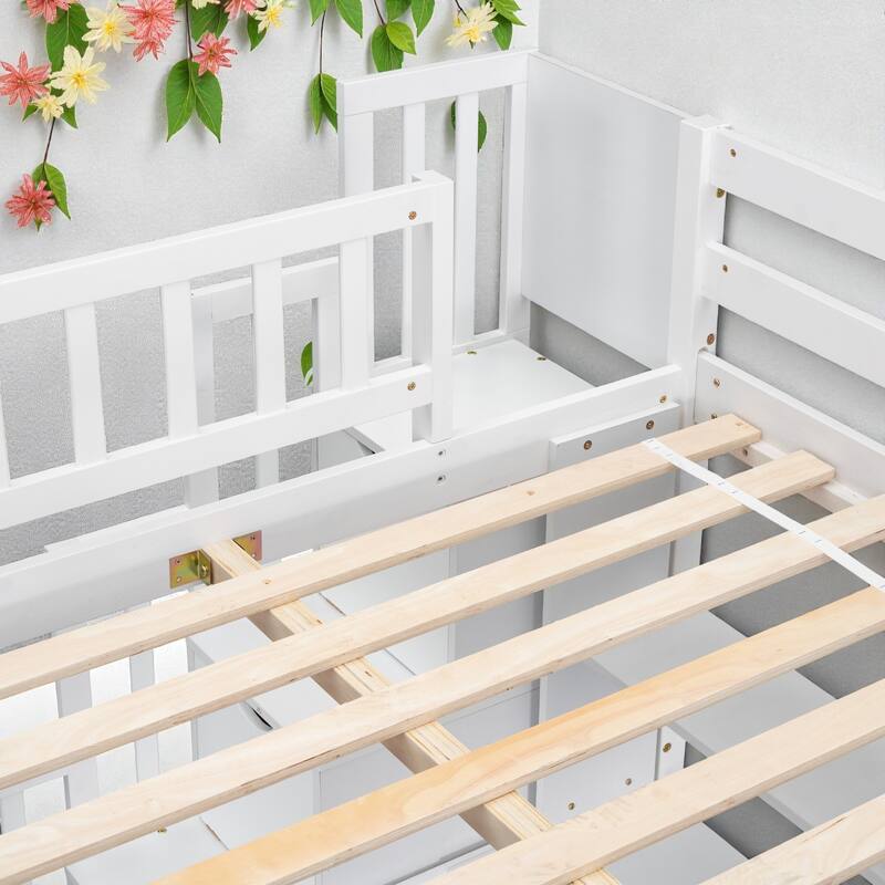 Full Size Wooden Loft Bed with Desk, Storage Shelves, and Staircase, Solid Pine Frame with Guardrails