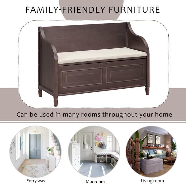 Euroco 42 Rustic Wooden Storage Bench With Cushion For Entryway
