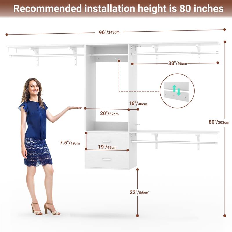96'' Hanging Closet System with 3 Hanging Rod ＆ 3 Shelving Towers ＆ 2 Drawers,8FT Walk in Closet Organizer System