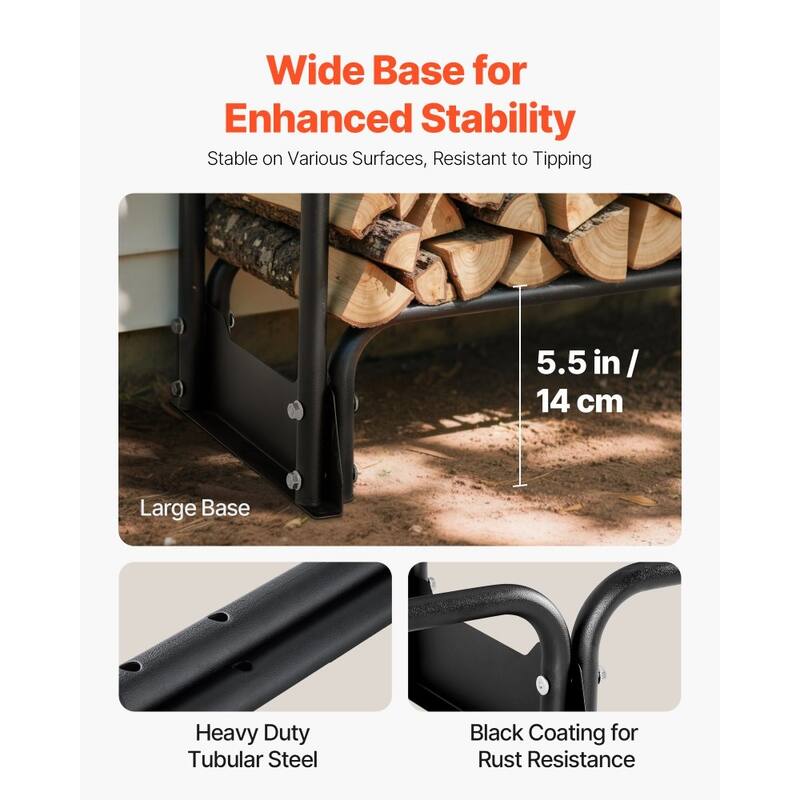 8 Feet Black Steel Firewood Storage Rack with Full-Cover Waterproof Log Protection for Patio or Backyard