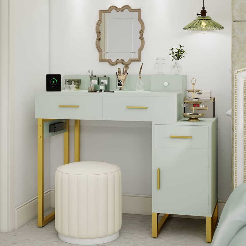 Reversible Makeup Vanity Desk With Charging Station and 4 Wooden Drawers and 1 Cabinet