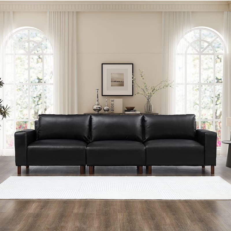 Roomfitters 112" Modern Extra Large 4-Seater Sofa, PU Leather Sectional Couch with Solid Wood Legs for Living Room - Black