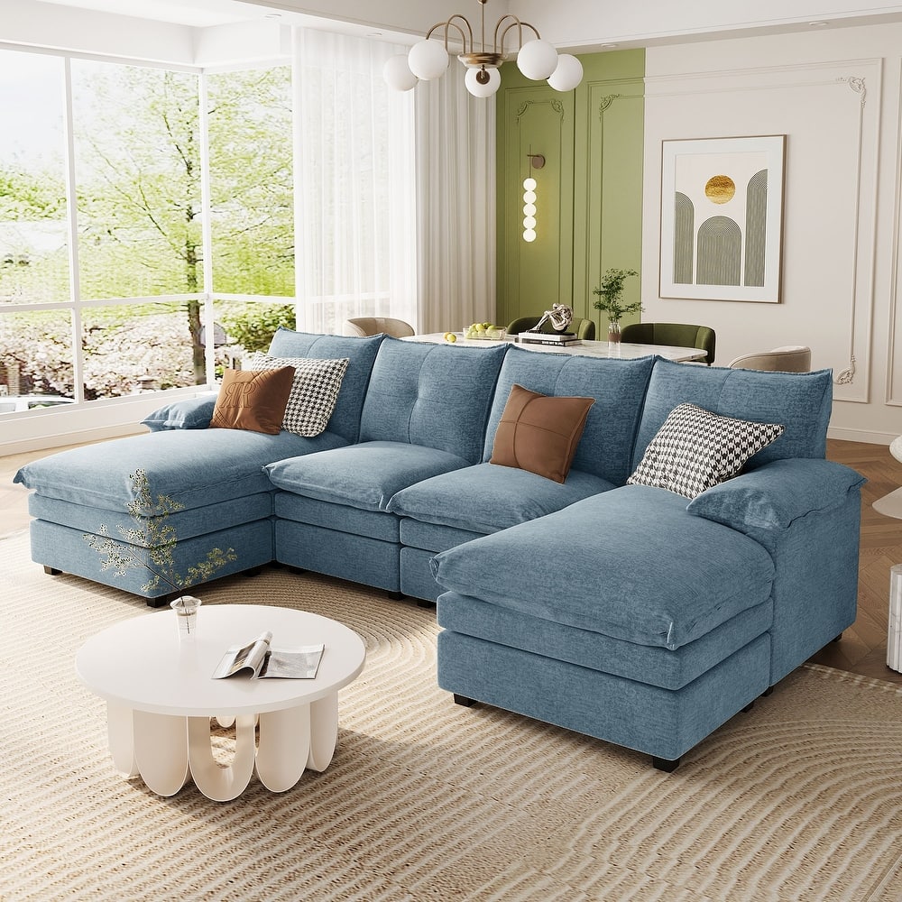 U-Shaped Chenille Sectional - Adjustable Armrest Pillows, Spacious Design for Living Rooms & Offices