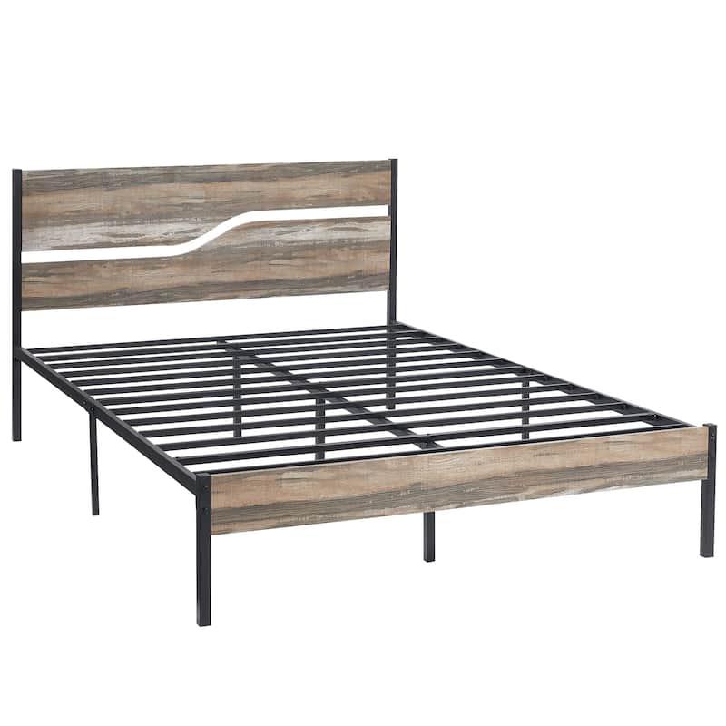 VECELO Beds Industrial Platform Bed Frame with Wood Headboard,Easy Set up