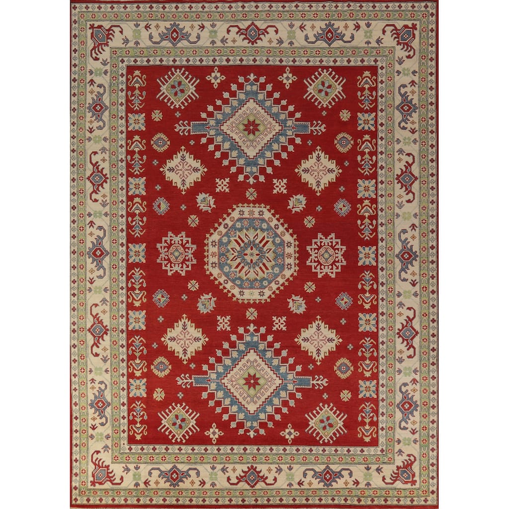 Hand Knotted Oriental 100% Wool Carpet Traditional Geometric Red Kazak Area Rug - 11' 8'' X 9' 0''