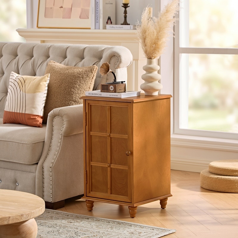 Mid Century Modern End Table, Side Table with Storage Cabinet & Adjustable Shelf for Living Room