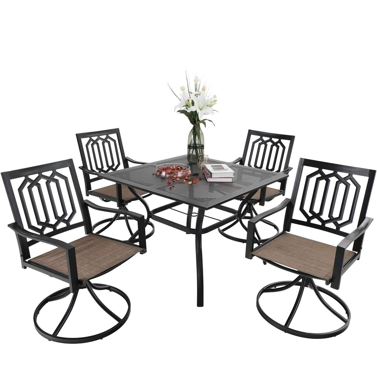 Mfstudio 5 Piece Patio Dining Set, 4 Sling Swivel Chairs And Multi Role Metal 37inch Square Table With 1.57" Umbrella Hole