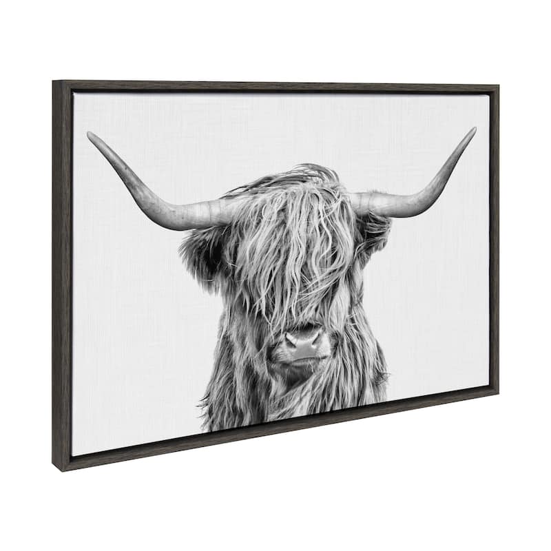 Kate and Laurel Sylvie Highland Cow 2 Framed Canvas by Simon Te of Tai Prints - 23x33 - Grey