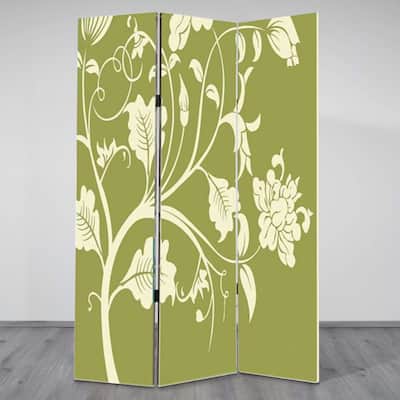 3 Panel Room Divider with Stems and Flower Pattern, Cream and Green