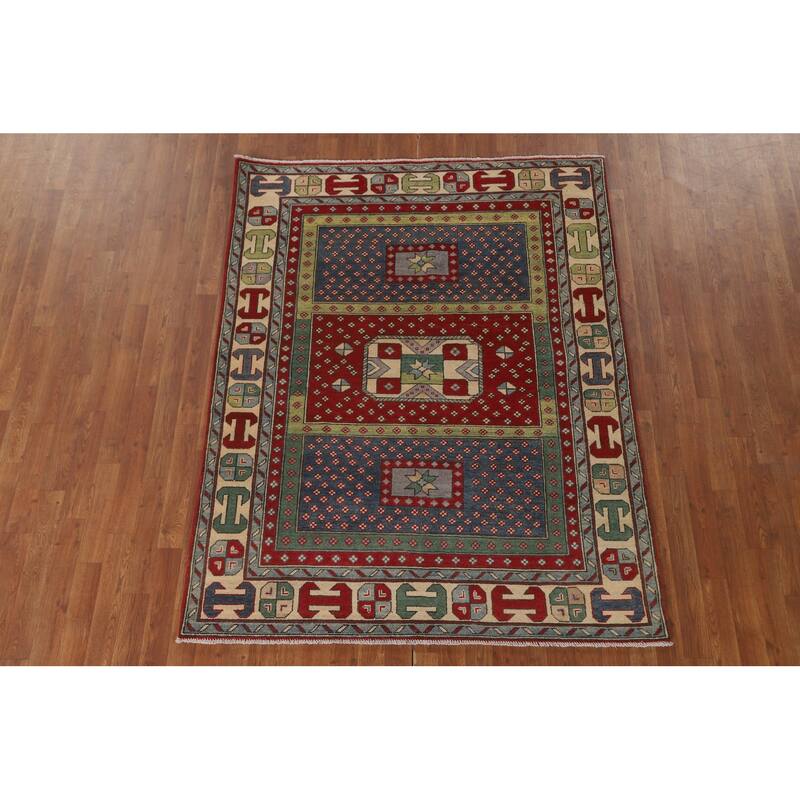 Geometric Kazak Area Rug Hand-Knotted Wool Carpet - 5'0" x 6'5"