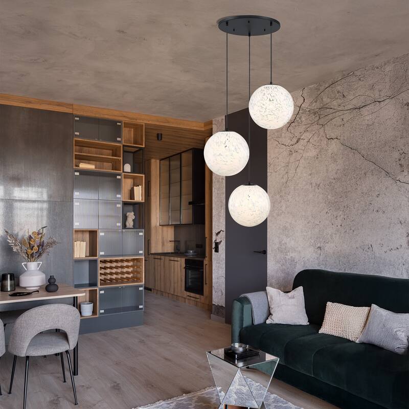 Circo 3-Light Matte Black Modern Globe Chandelier for Entryways with 14 in. White Art Glass Shades - 30