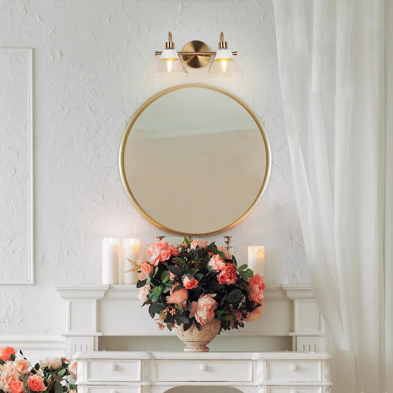 Seticy Mid-century Modern Gold 2-Light Linear Glass White Bathroom Vanity Lights Dimmable - L 13.5"* W 7"* H 7"