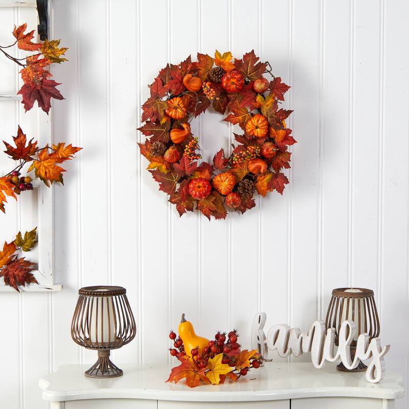 Maple Leaf & Pumpkin Artificial Fall Harvest Wreath Berries, 24-Inch