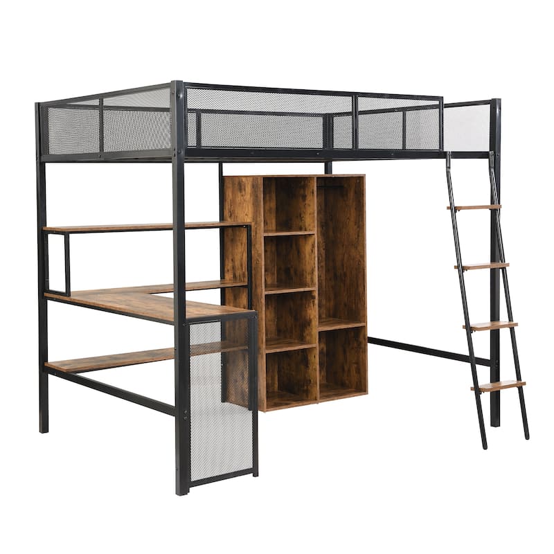 Full Size Metal Loft Bed with Built-in Workstation & Wardrobe (400lb Capacity)