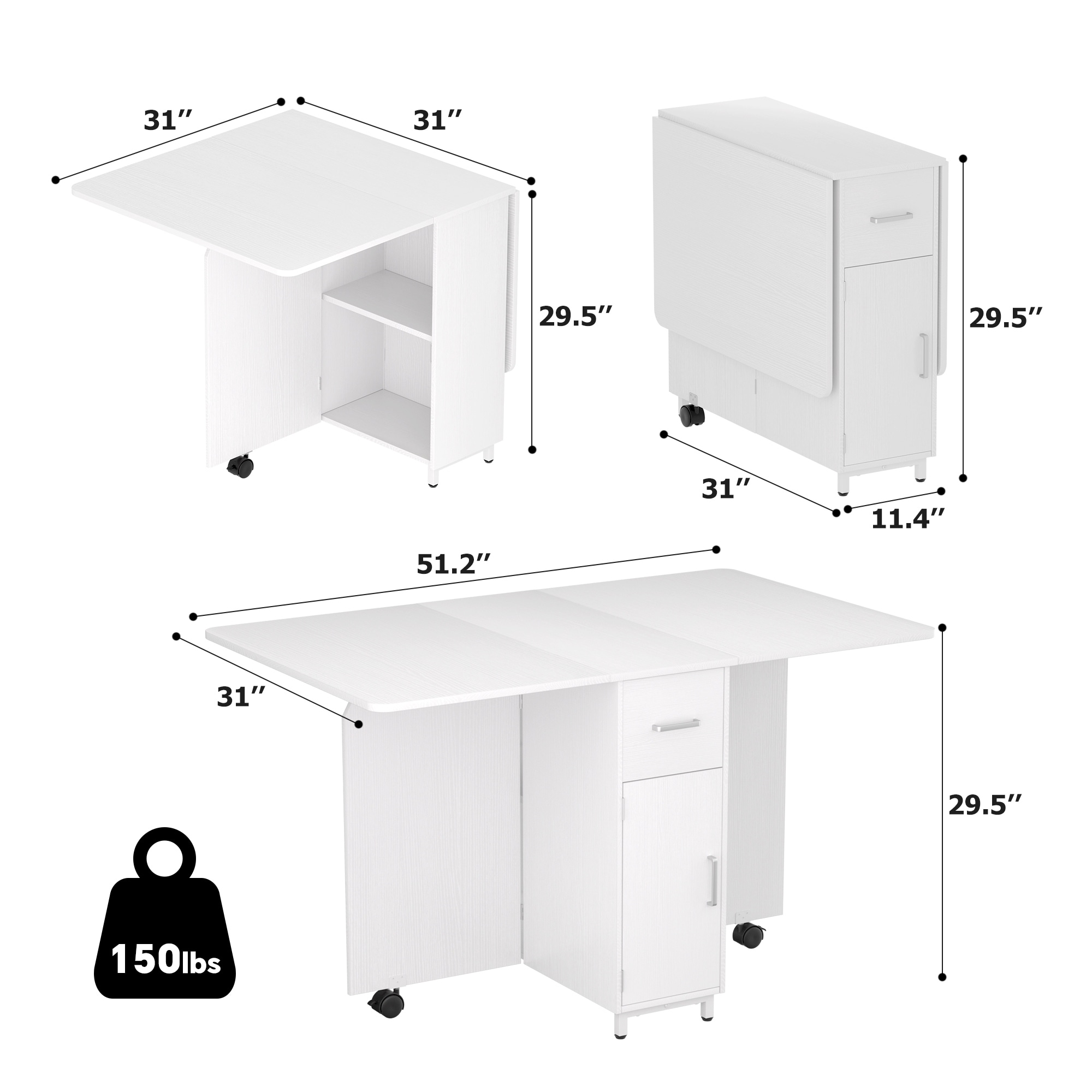Modern Farmhouse Foldable Dining Table with Storage Cabinet