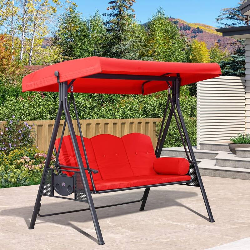 PURPLE LEAF Outdoor Patio Porch Swing with Canopy and Side Tables - 3 Seat - Terra