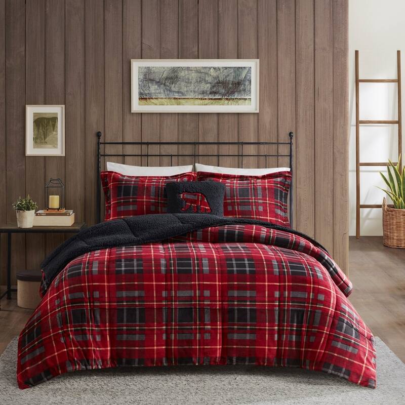 GDF Studio - Alton Plush to Sherpa Down Alternative Comforter Set - Red Plaid - Red Plaid (King)