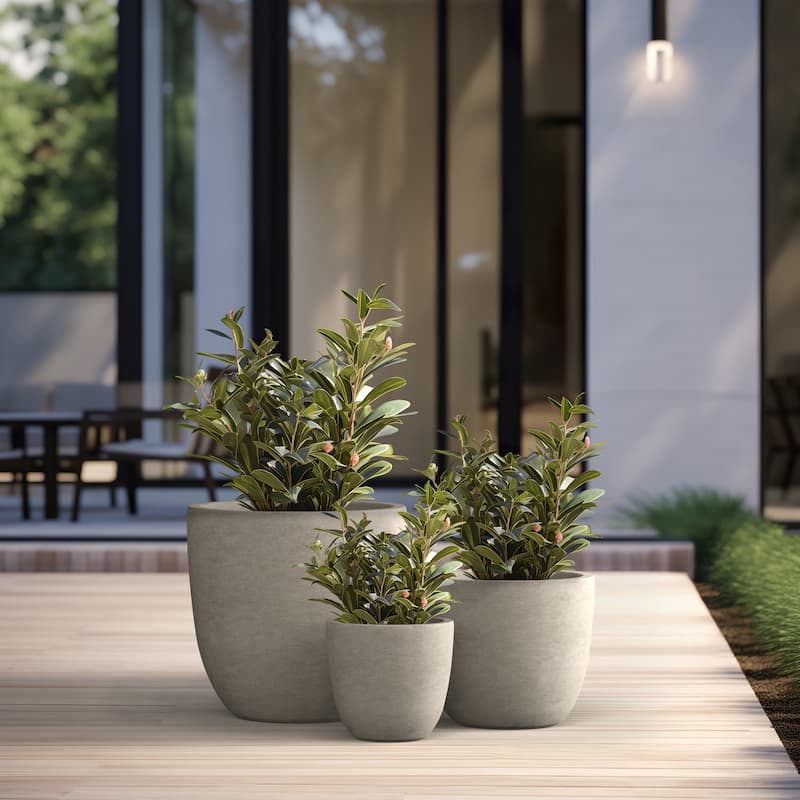 Tall Concrete Round Plant Pots / Large Indoor and Outdoor flower Planters - 3 Piece Set (10, 14, 18 Inch Diameter) - Light Gray