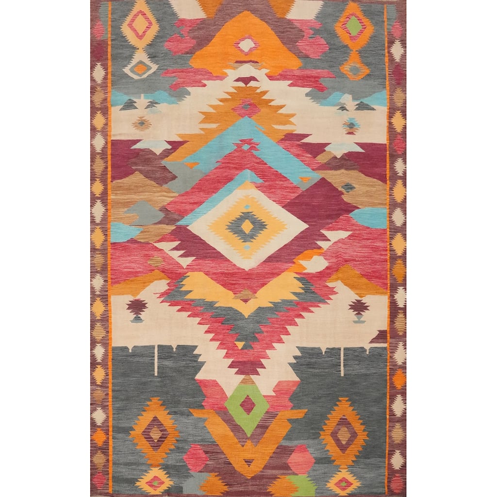 Hand Woven Oriental 100% Wool Carpet Southwestern Tribal Multi-Colored Kilim Area Rug - 12' 11'' X 10' 2''