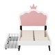 preview thumbnail 7 of 6, Twin Size Upholstered Princess Bed With Crown Headboard and 2 Drawers,Pink+White