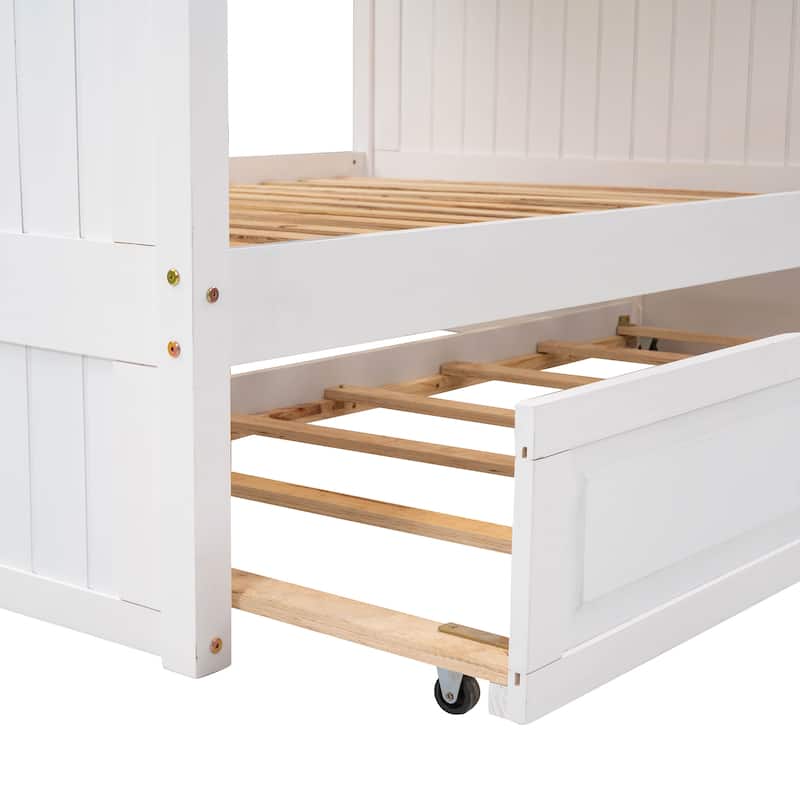 Full Over Full Bunk Bed with Twin Size Trundle, Pine Wood Bunk Bed with Guardrails, White