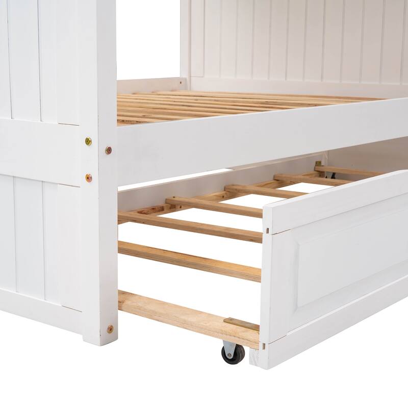 Solid Wood Full Over Full Bunk Bed with Twin Trundle, Guardrails, and Ladder