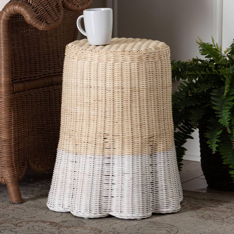 Sarna Natural Rattan End Table - Handwoven Wicker Accent Table with Scalloped Base and Two-Tone Finish, Boho Coastal Style