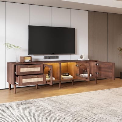 Rattan-Inspired 80'' Media Console with LED Lights & Ample Storage