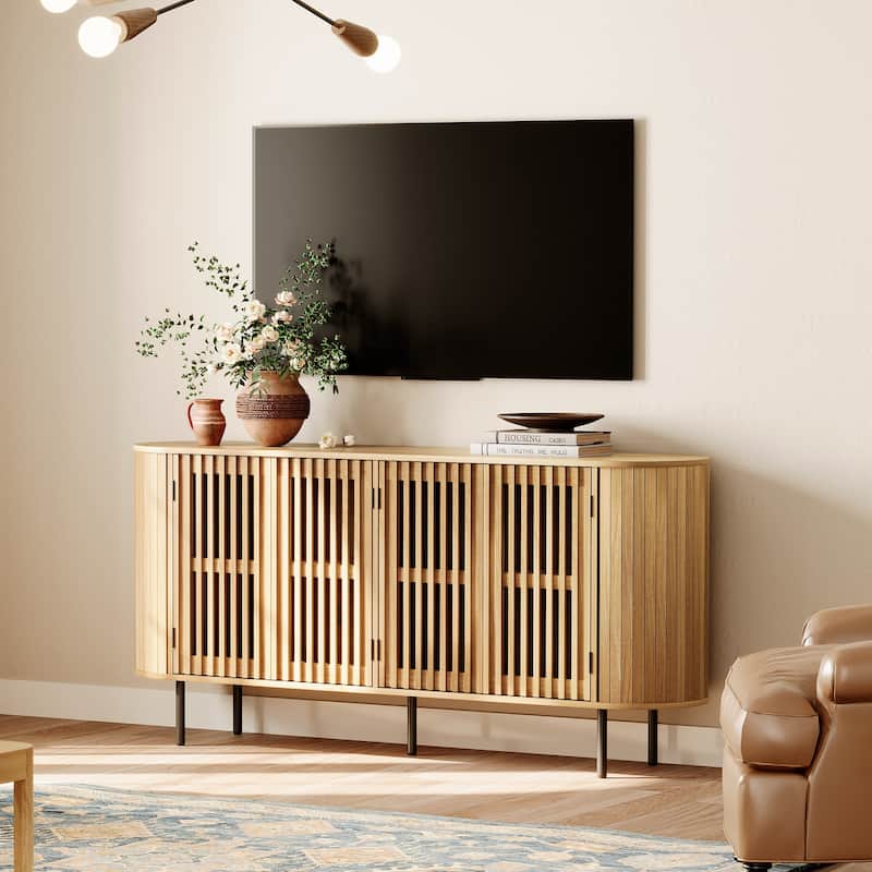 WAMPAT 64.4" Fluted TV Stand,Mid Century Modern Entertainment Center for TVs Up to 70 inches - Oak