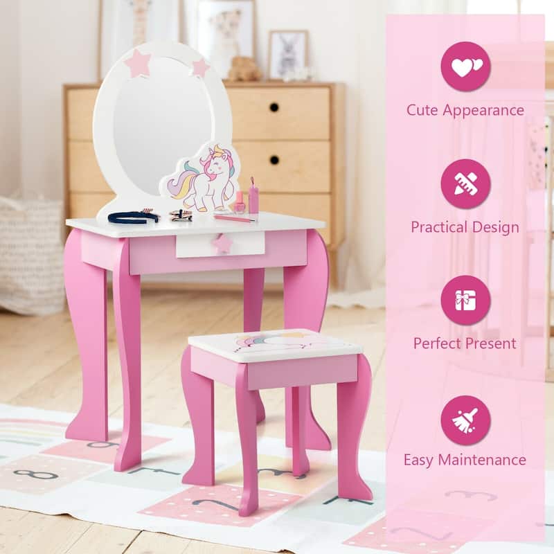 Kids Wooden Makeup Dressing Table and Chair Set with Mirror and Drawer - 19" x 14" x 35" (L x W x H)