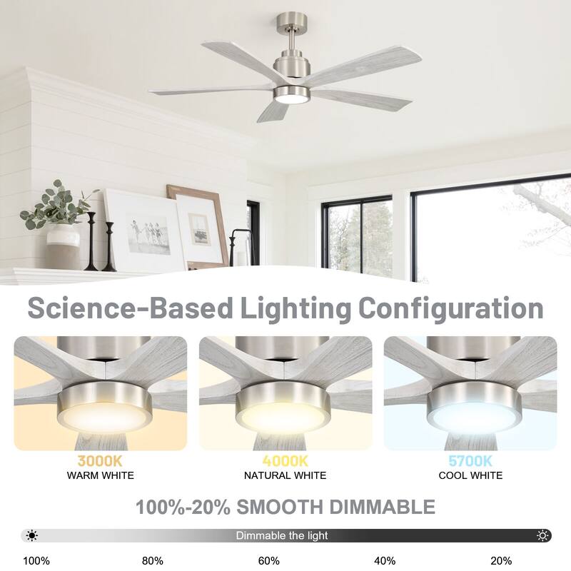 52" Solid Wood Noiseless Ceiling Fans with Dimmable LED Light Optional and Remote, 6-Speed Reversible DC Motor,Smart Optional
