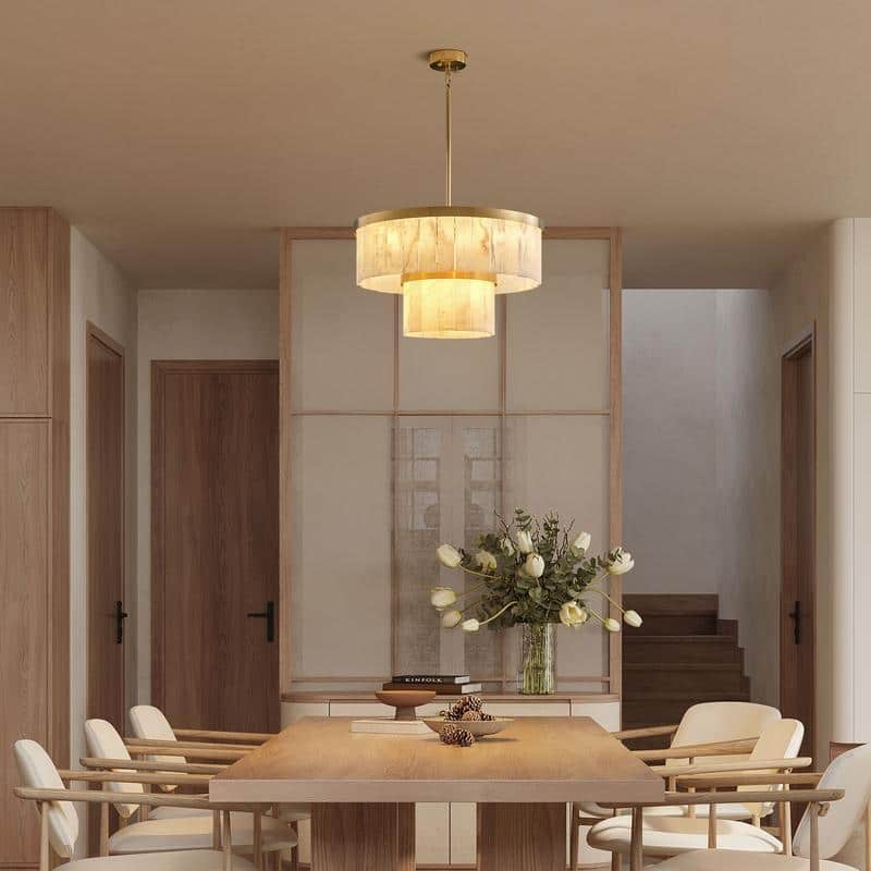Elegant layered alabaster chandelier with natural stone panels
