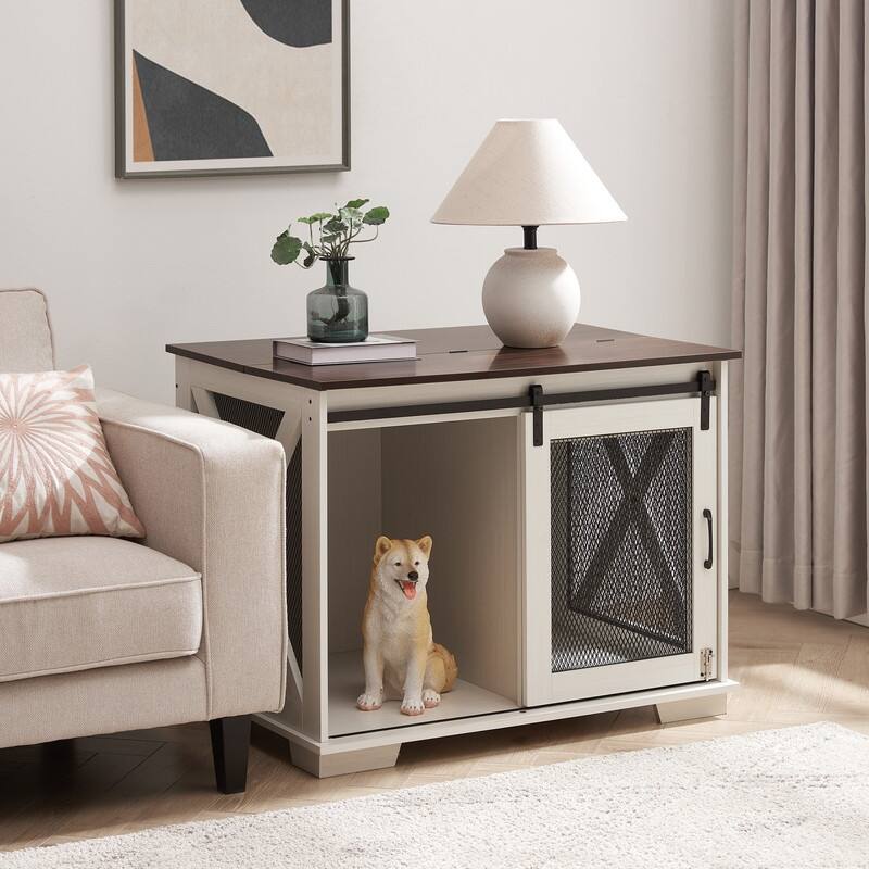 Farmhouse Dog Cage Crate Furniture with Sliding Door and Flip-Top Access for Secure Pet Space - White