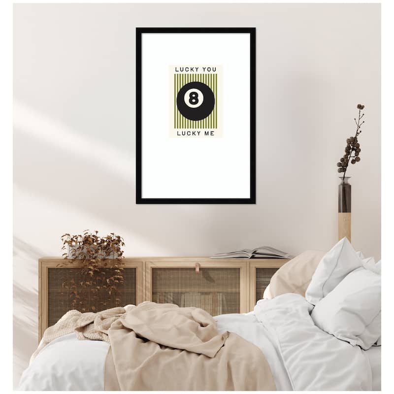 Kate and Laurel Lucky You Lucky Me Green Striped 8 Ball Print, Decor for Home Retro Poster by Lucky Guava Framed Wall Art Print