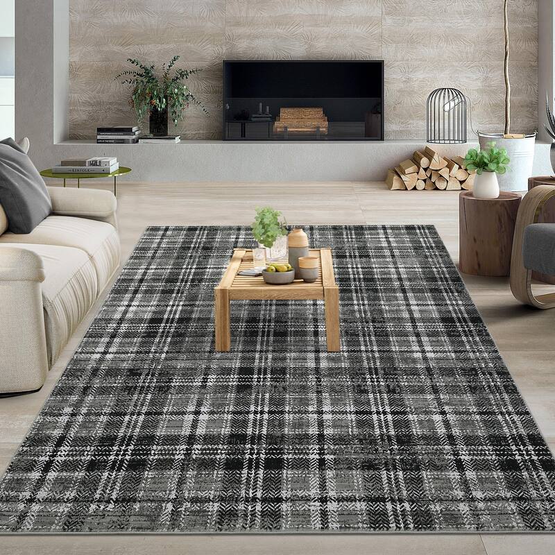 Washable Area Rugs for Living Room Bedroom Modern Plaid Rug Soft Non Slip Low Pile Farmhouse Geometric Rug