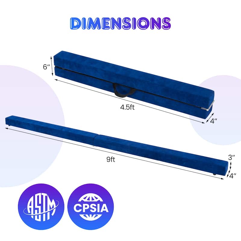 9 Feet Kids Balance Beam for Home Foldable Gymnastics Beam with Non-Slip Bottom and Wood Frame - 108” x 4" x 3" (L x W x H)