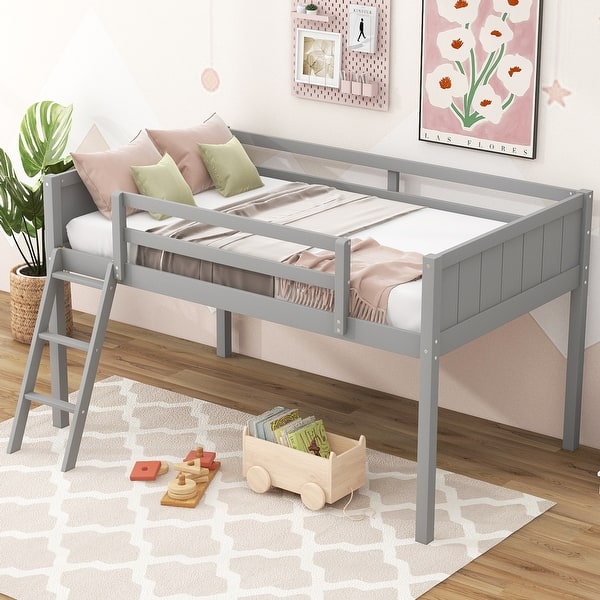 slide 2 of 32, Twin Size Wood Loft Bed with Flexible Ladder Placement, Guardrails, and Slide - Gray, Space-Saving Design for Play and Rest