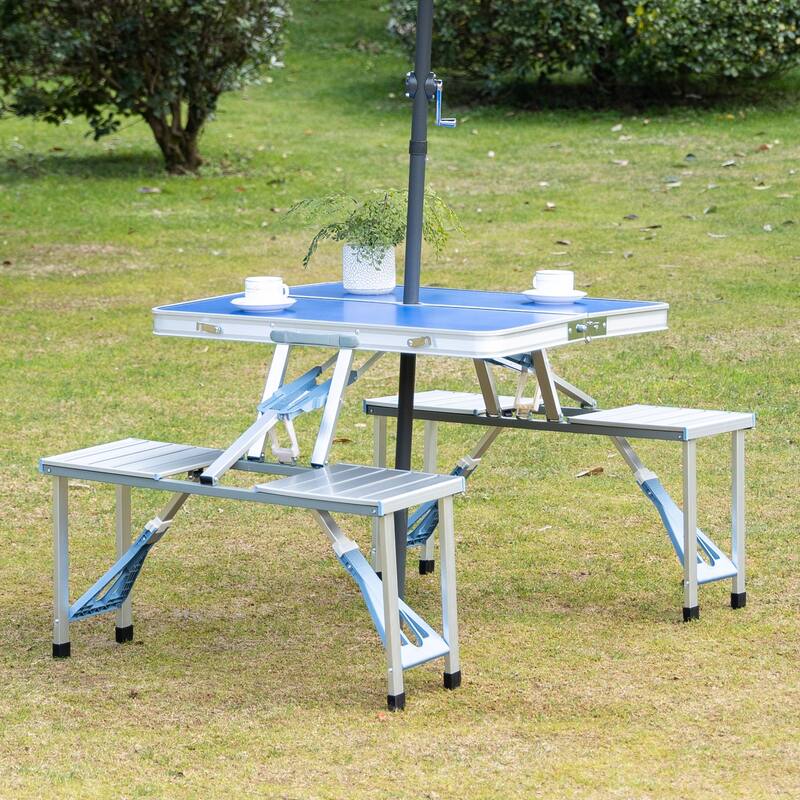 Outdoor Aluminum Suitcase Portable Folding Picnic Table with Bench & Umbrella Hole