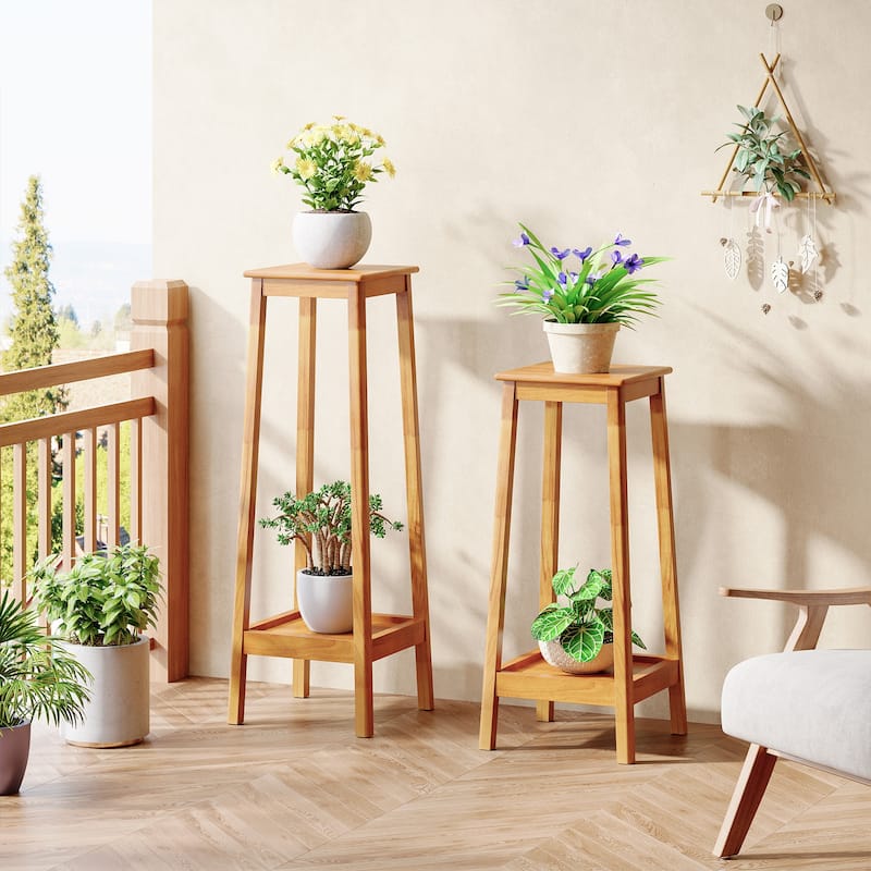 2-Tier Plant Shelf with Reinforced Frame, Solid Wood Indoor Plant Stand Set of 2