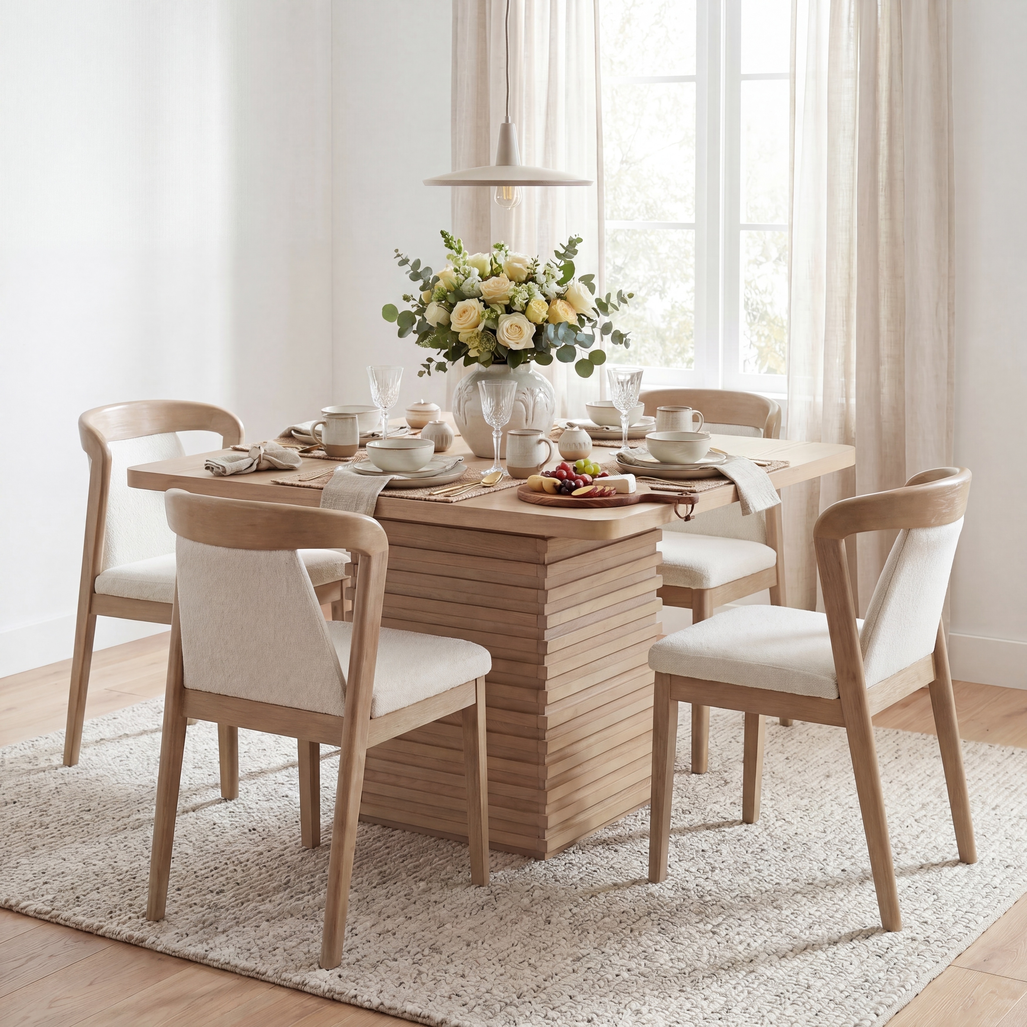 Christopher Knight Home - 5 Piece Modern Dining Set Wood Veneer with Upholstered Rubberwood Dining Chairs