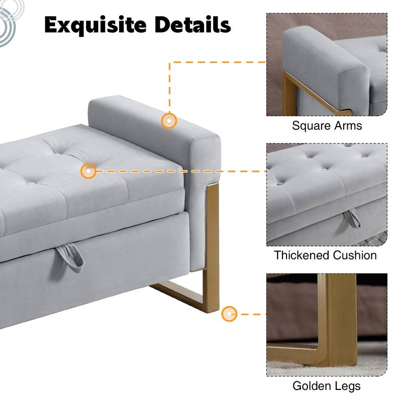 66" Storage Bench for Bedroom End of Bed with Double Lids and Gold Legs